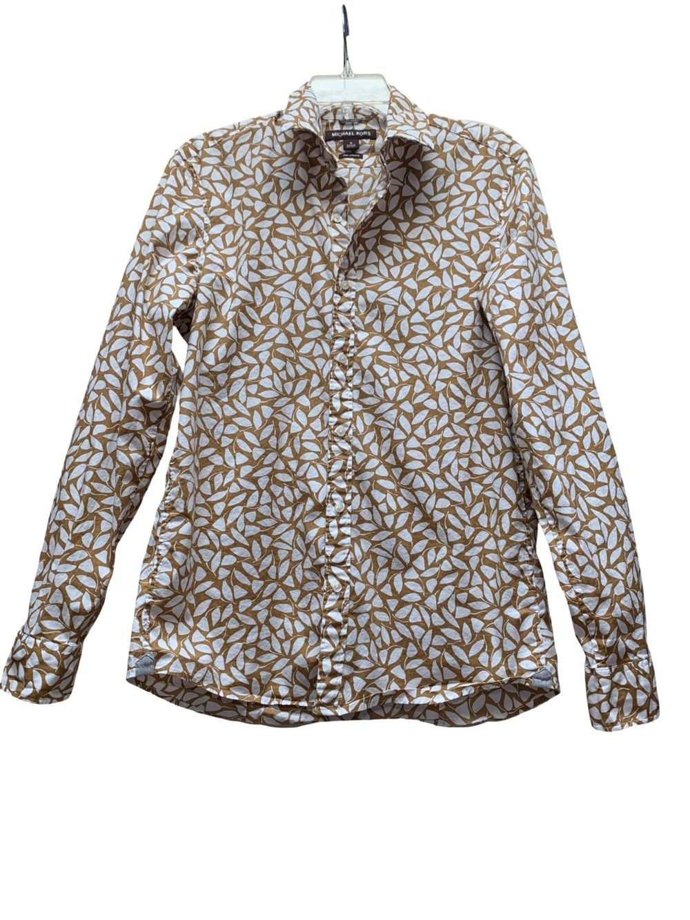 Michael Kors White and Tan Leaf-Print Button Down Shirt